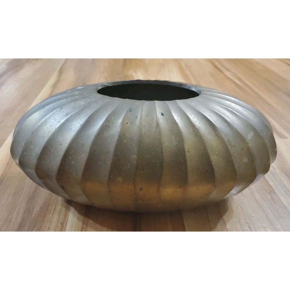Vintage Solid Brass Oval Ribbed Scallop Vase Planter Decor 12" x 6" Large Heavy